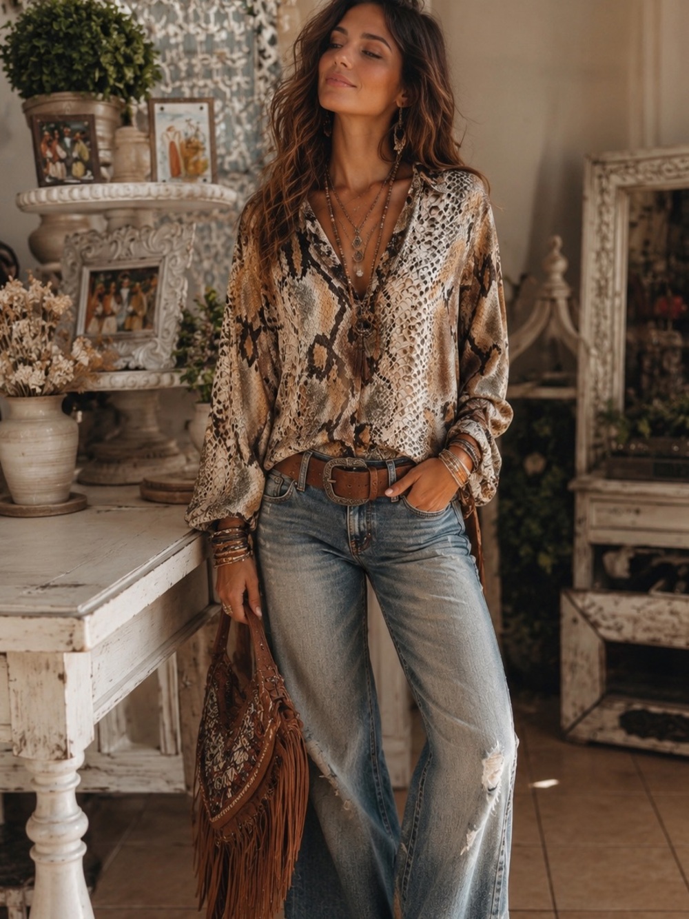 Olivaceous Snake Print Tunic Blouse Size Small | Boho Animal Print Long Sleeve